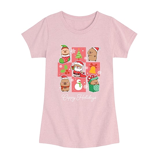 Capybara Holiday Santa Grid Big Kid Girls Crew Neck Short Sleeve Regular Fit Big Graphic T-Shirt