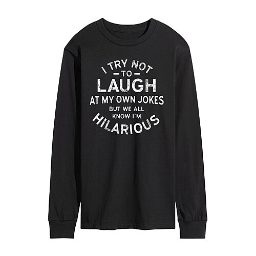 NOVELTY T-SHIRTS Laugh At My Own Jokes Distressed Mens Crew Neck Long Sleeve Regular Fit Graphic T-Shirt, Large, Black