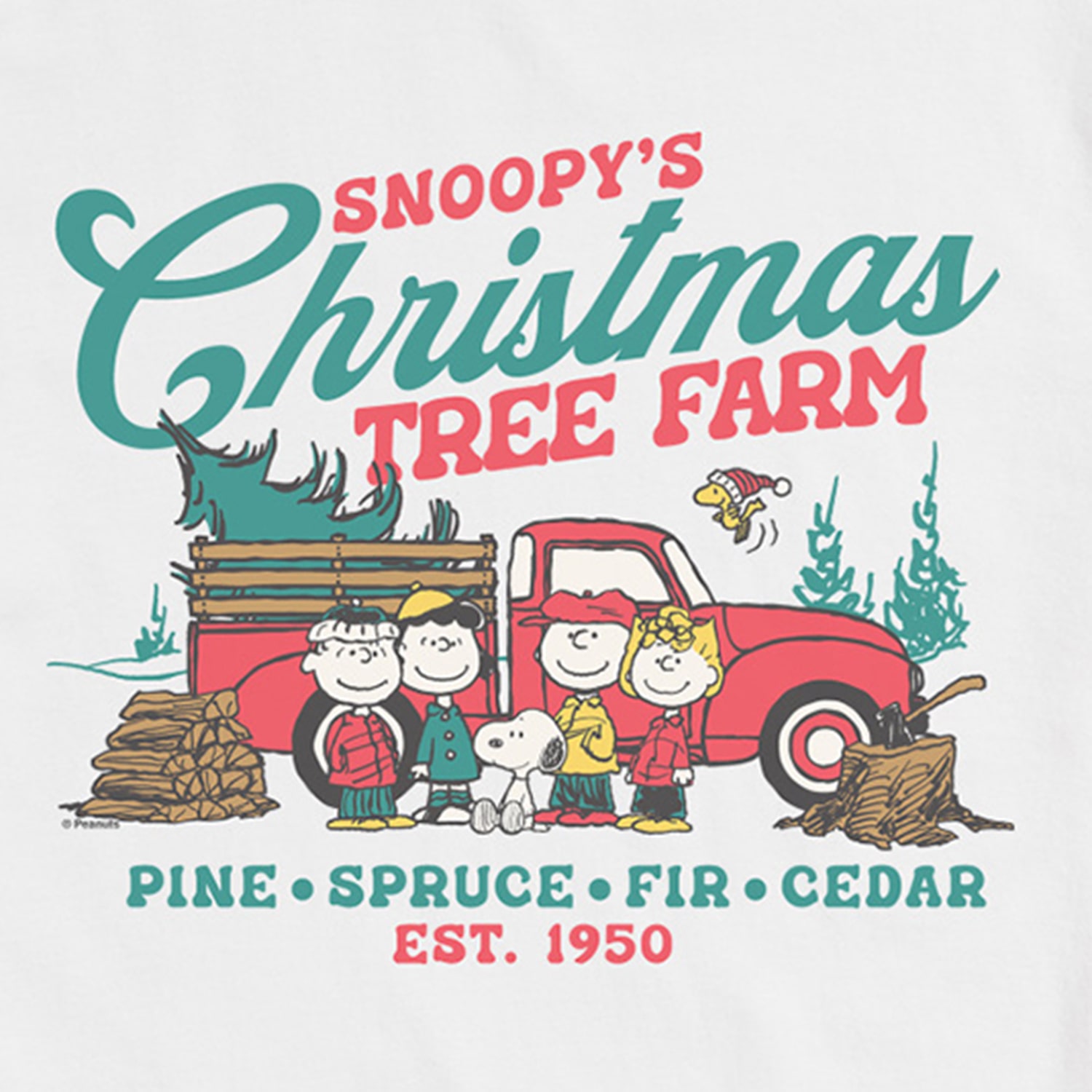 Christmas Tree Farm Truck Mens Crew Neck Short Sleeve Regular Fit Peanuts Snoopy Graphic T-Shirt