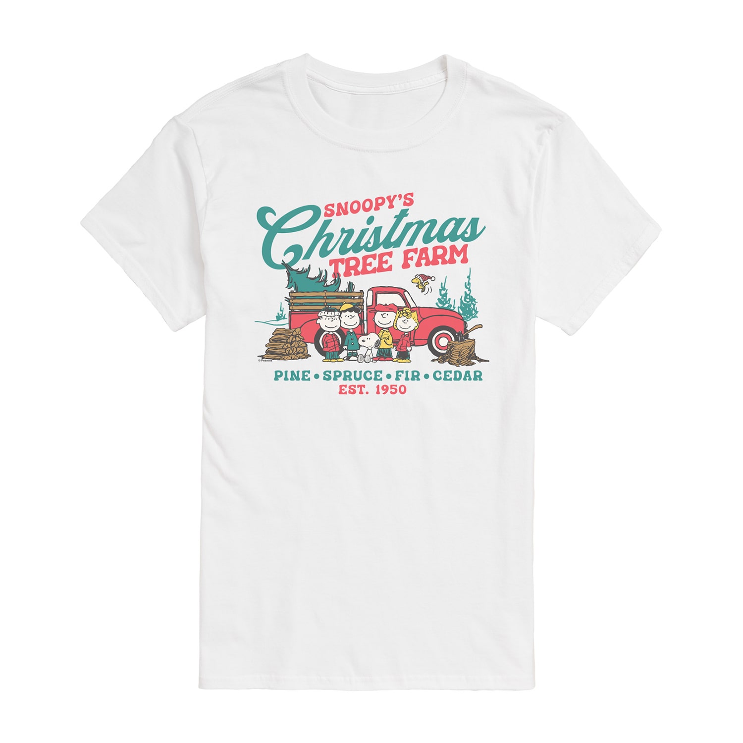Christmas Tree Farm Truck Mens Crew Neck Short Sleeve Regular Fit Peanuts Snoopy Graphic T-Shirt