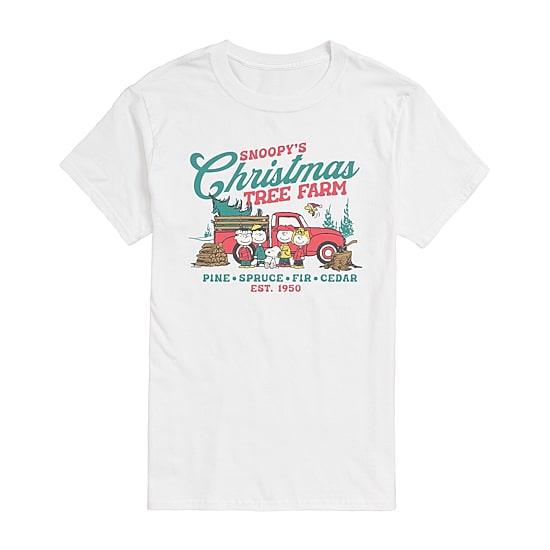 Christmas Tree Farm Truck Mens Crew Neck Short Sleeve Regular Fit Peanuts Snoopy Graphic T-Shirt