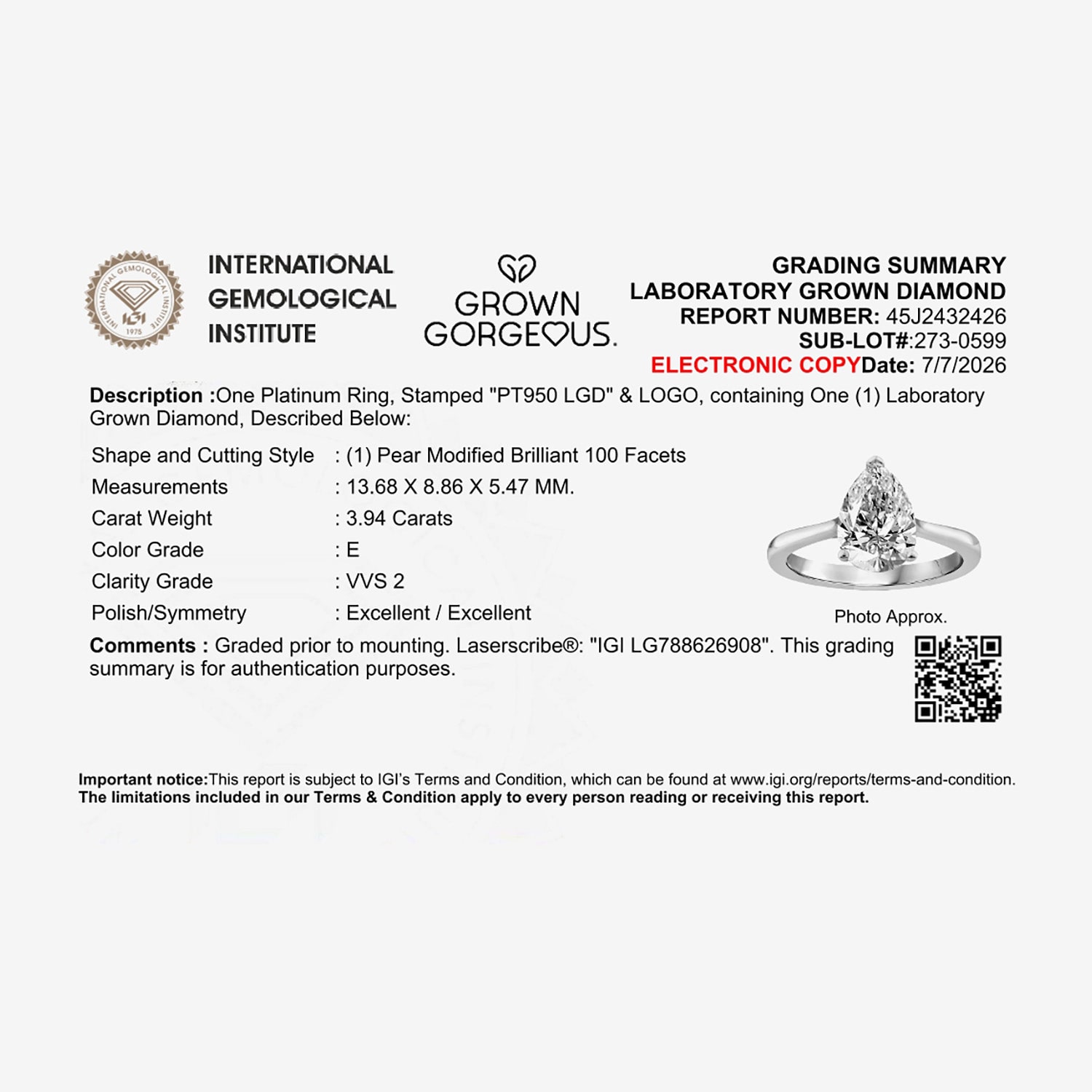 Grown Gorgeous (F / Vs2) Womens / CT. T.W. Lab White Diamond Platinum Pear Solitaire Engagement Ring