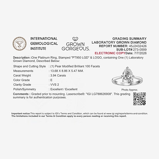 Grown Gorgeous (F / Vs2) Womens 3 3/4 CT. T.W. Lab Grown White Diamond Platinum Pear Solitaire Engagement Ring