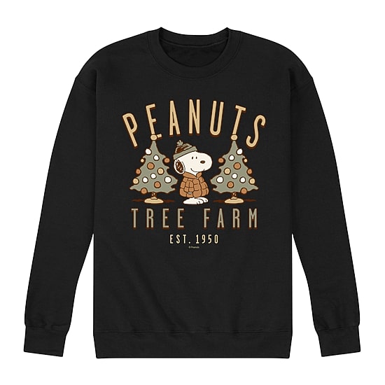 Christmas Tree Farm Mens Crew Neck Long Sleeve Peanuts Snoopy Sweatshirt