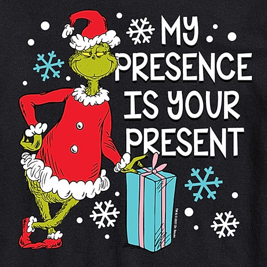 My Presence Is Your Present Mens Crew Neck Short Sleeve Regular Fit Grinch Graphic T-Shirt