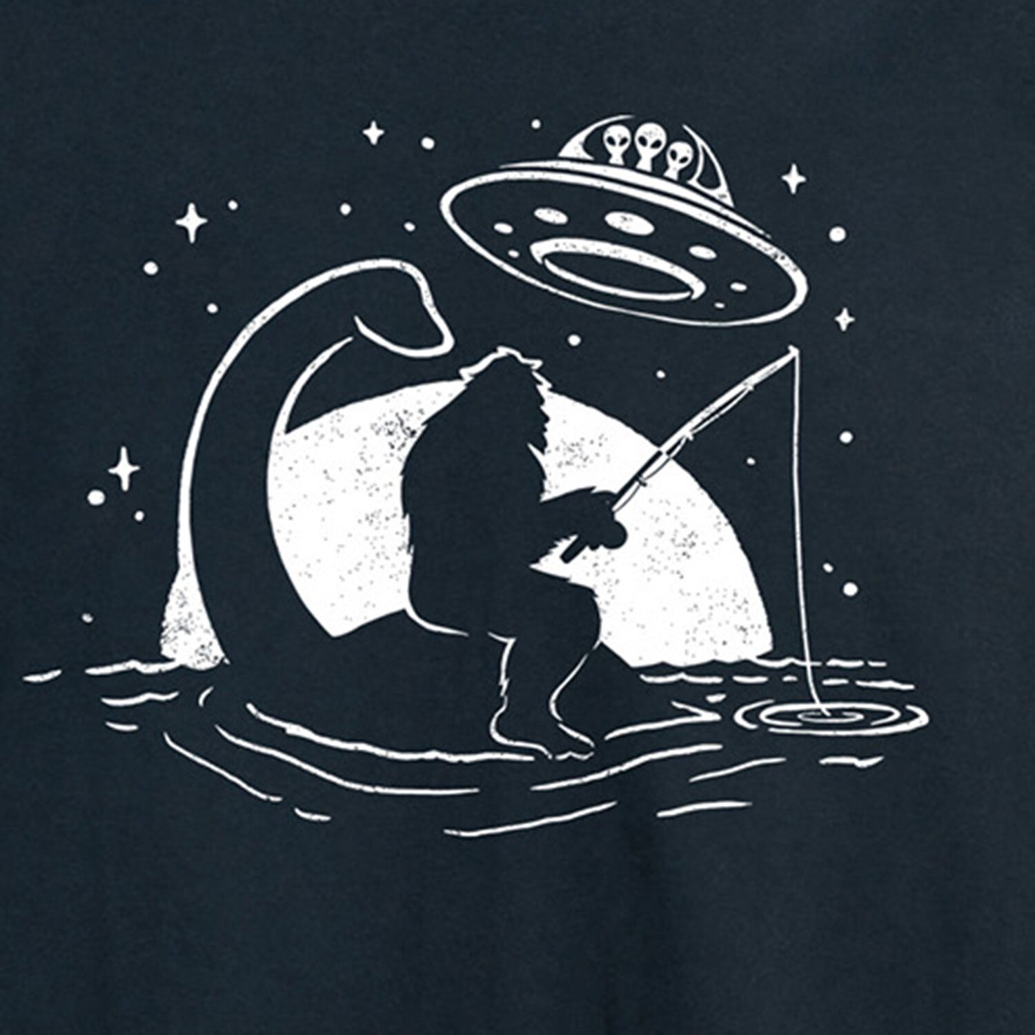 Sasquatch Nessy Ufo Fishing Distressed Mens Crew Neck Long Sleeve Regular Fit Graphic T-Shirt
