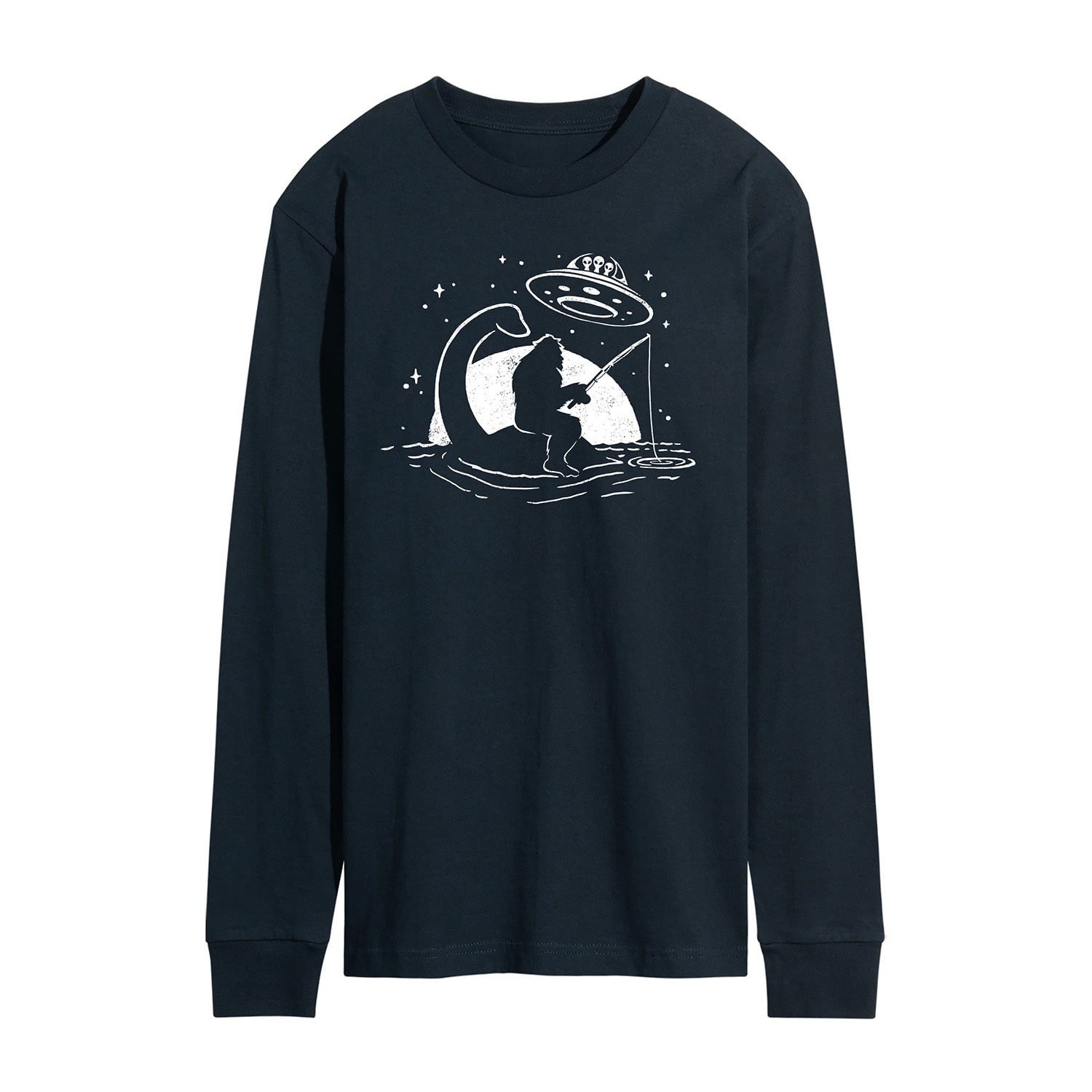 Sasquatch Nessy Ufo Fishing Distressed Mens Crew Neck Long Sleeve Regular Fit Graphic T-Shirt