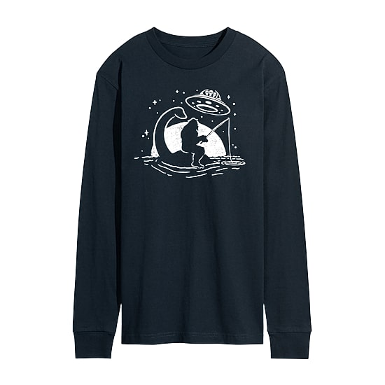 Sasquatch Nessy Ufo Fishing Distressed Mens Crew Neck Long Sleeve Regular Fit Graphic T-Shirt