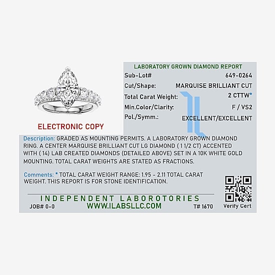 (F / Vs2) Womens 2 CT. T.W. Lab Grown White Diamond 10K Gold Marquise Side Stone Engagement Ring