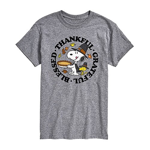 Thankful Grateful Blessed Distressed Mens Crew Neck Short Sleeve Regular Fit Peanuts Snoopy Graphic T-Shirt, Xx-large, Gray