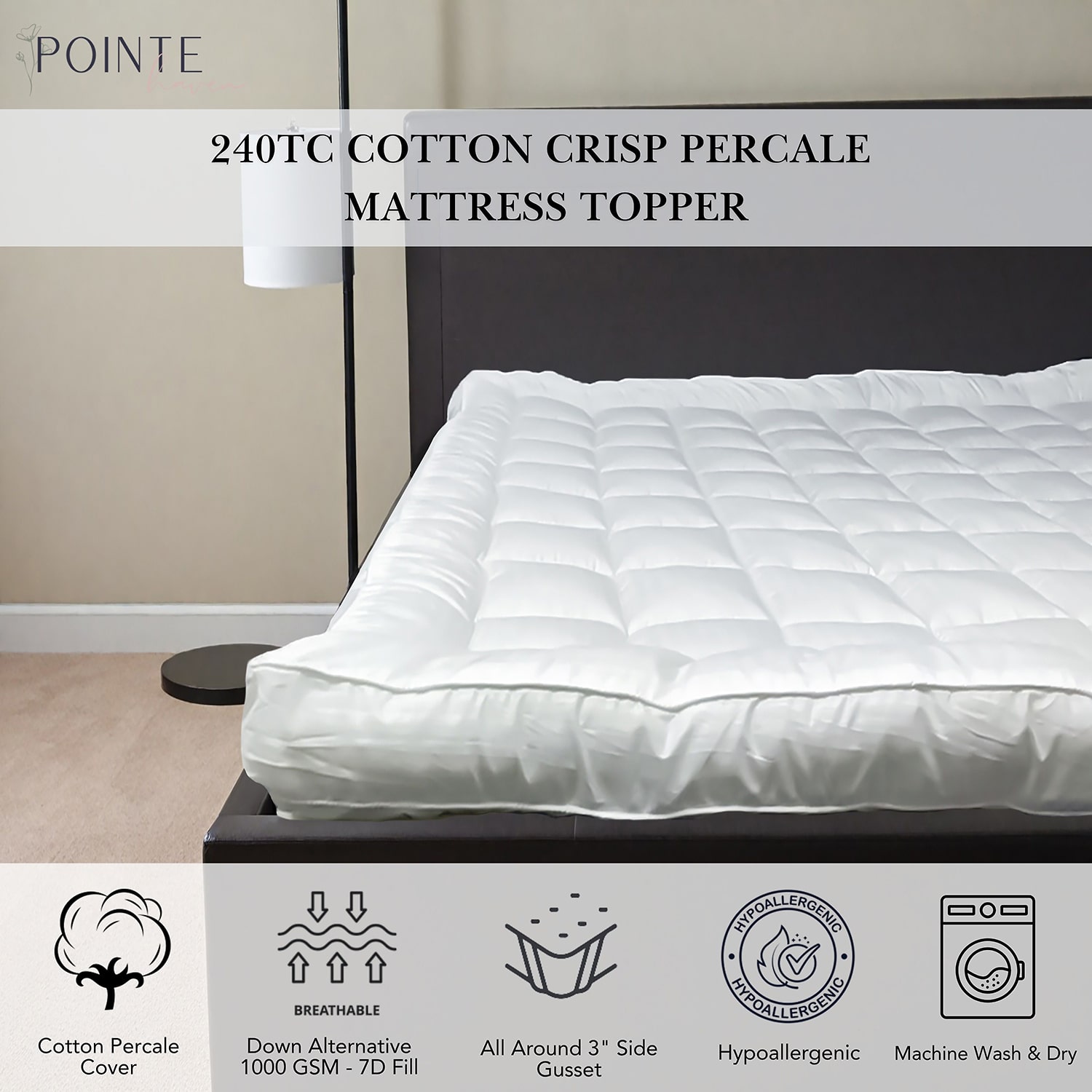 Pointehaven Cotton Percale Hypoallergenic Mattress Topper