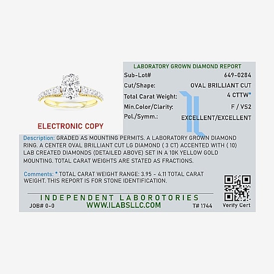 (F / Vs2) Womens 4 CT. T.W. Lab Grown White Diamond 10K Gold Oval Side Stone Engagement Ring