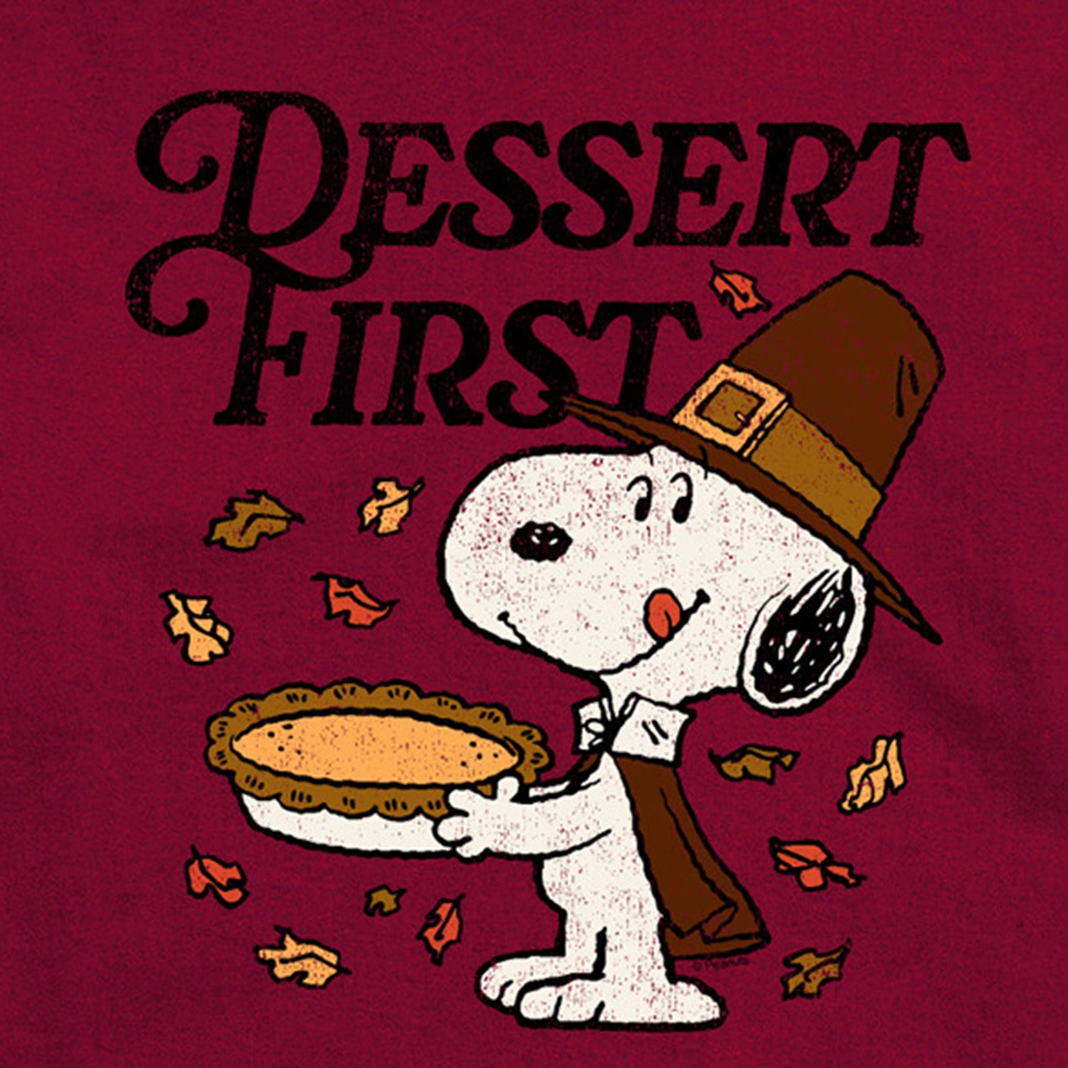 Dessert First Thanksgiving Distressed Mens Crew Neck Short Sleeve Regular Fit Peanuts Snoopy Graphic T-Shirt