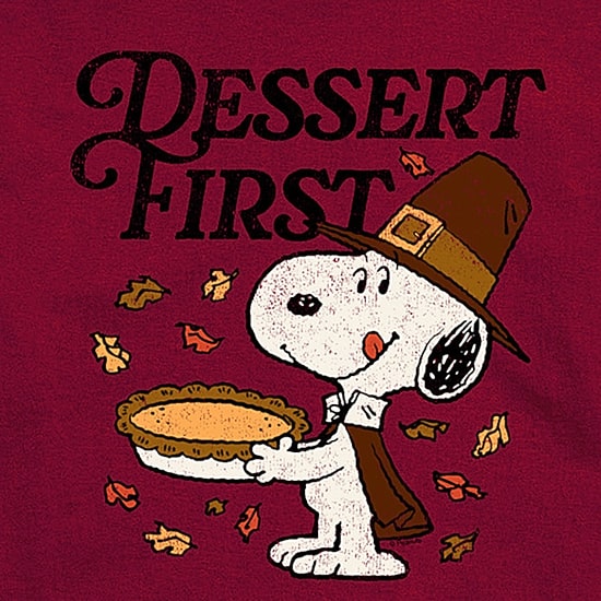 Dessert First Thanksgiving Distressed Mens Crew Neck Short Sleeve Regular Fit Peanuts Snoopy Graphic T-Shirt