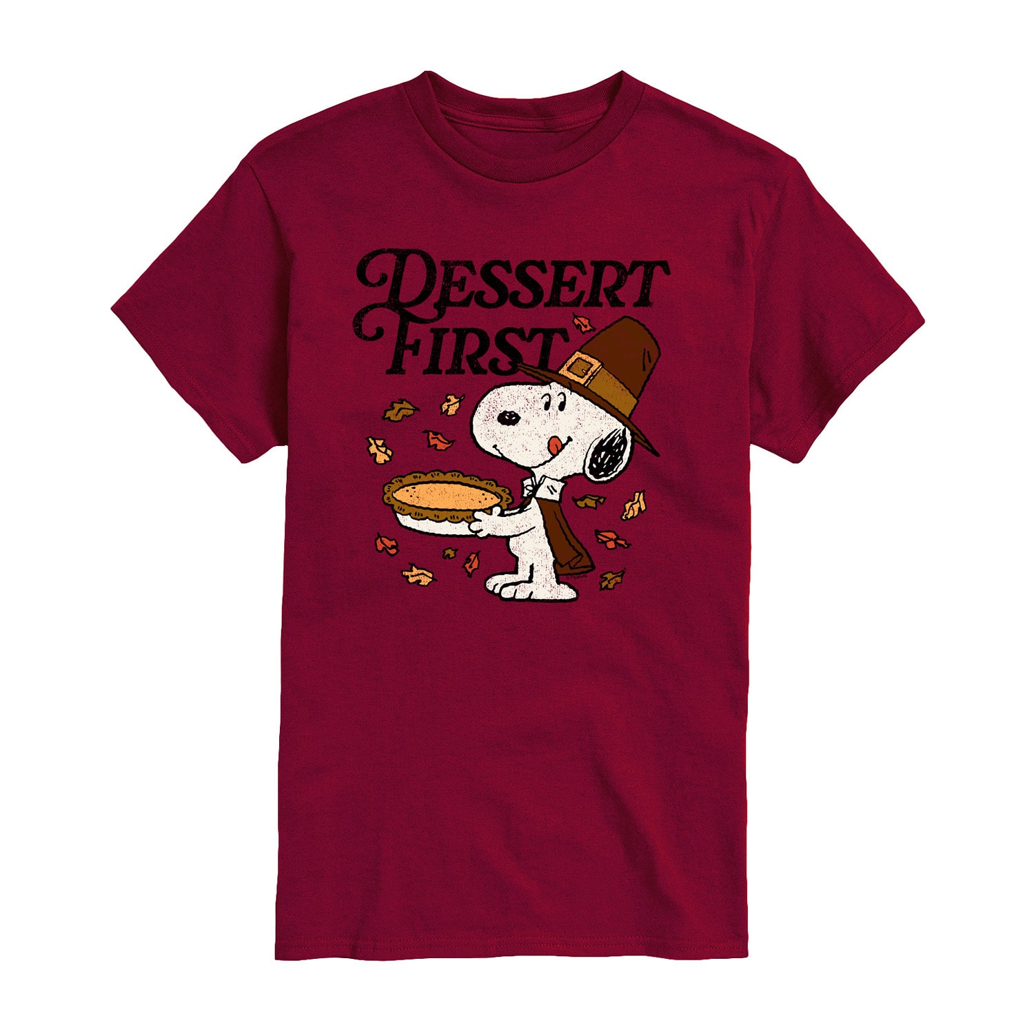 Dessert First Thanksgiving Distressed Mens Crew Neck Short Sleeve Regular Fit Peanuts Snoopy Graphic T-Shirt