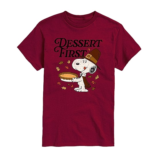 Dessert First Thanksgiving Distressed Mens Crew Neck Short Sleeve Regular Fit Peanuts Snoopy Graphic T-Shirt