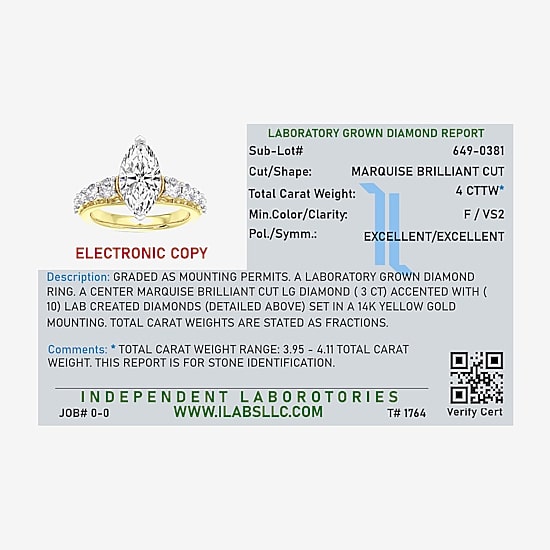 (F / Vs2) Womens 4 CT. T.W. Lab Grown White Diamond 10K Gold Marquise Side Stone Engagement Ring