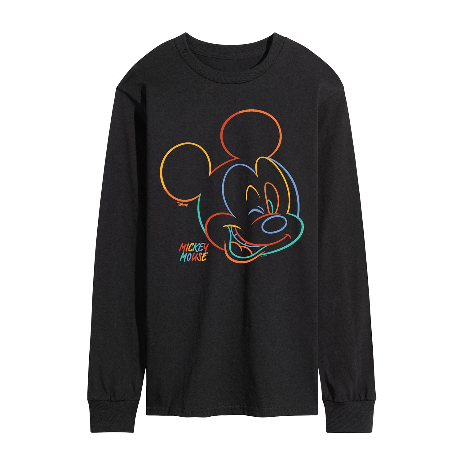 Rainbow Line Art Portrait Mens Crew Neck Long Sleeve Regular Fit Mickey Mouse Graphic T-Shirt