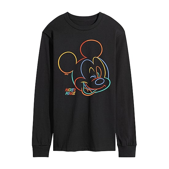 Rainbow Line Art Portrait Mens Crew Neck Long Sleeve Regular Fit Mickey Mouse Graphic T-Shirt