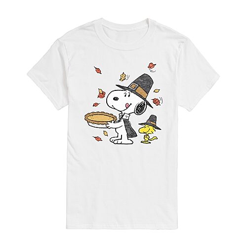 Thanksgiving Scene Mens Crew Neck Short Sleeve Regular Fit Peanuts Snoopy Graphic T-Shirt, Medium, White