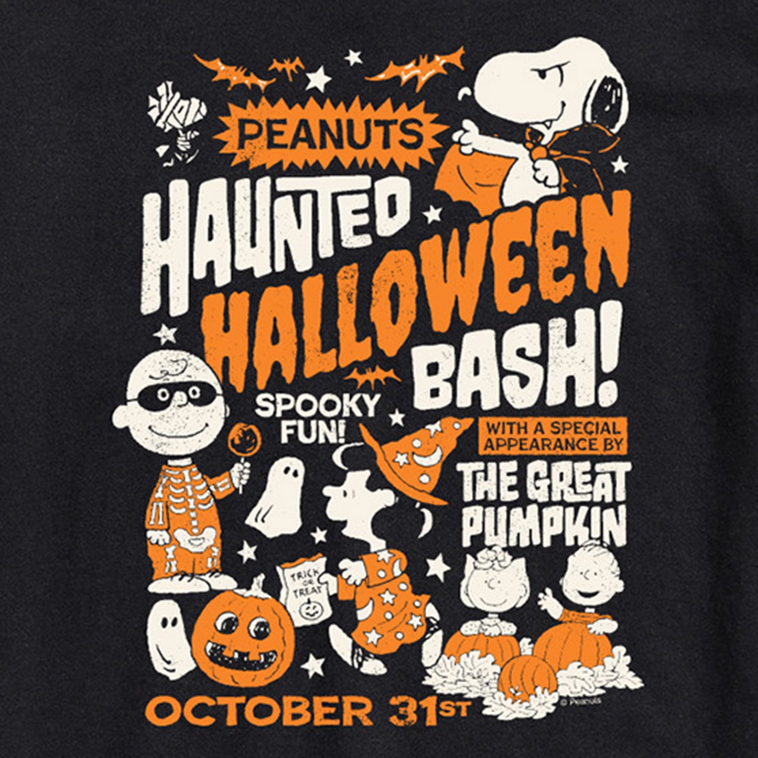 Haunted Halloween Bash Mens Crew Neck Short Sleeve Regular Fit Peanuts Graphic T-Shirt