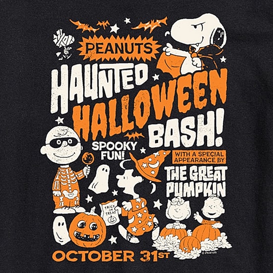 Haunted Halloween Bash Mens Crew Neck Short Sleeve Regular Fit Peanuts Graphic T-Shirt
