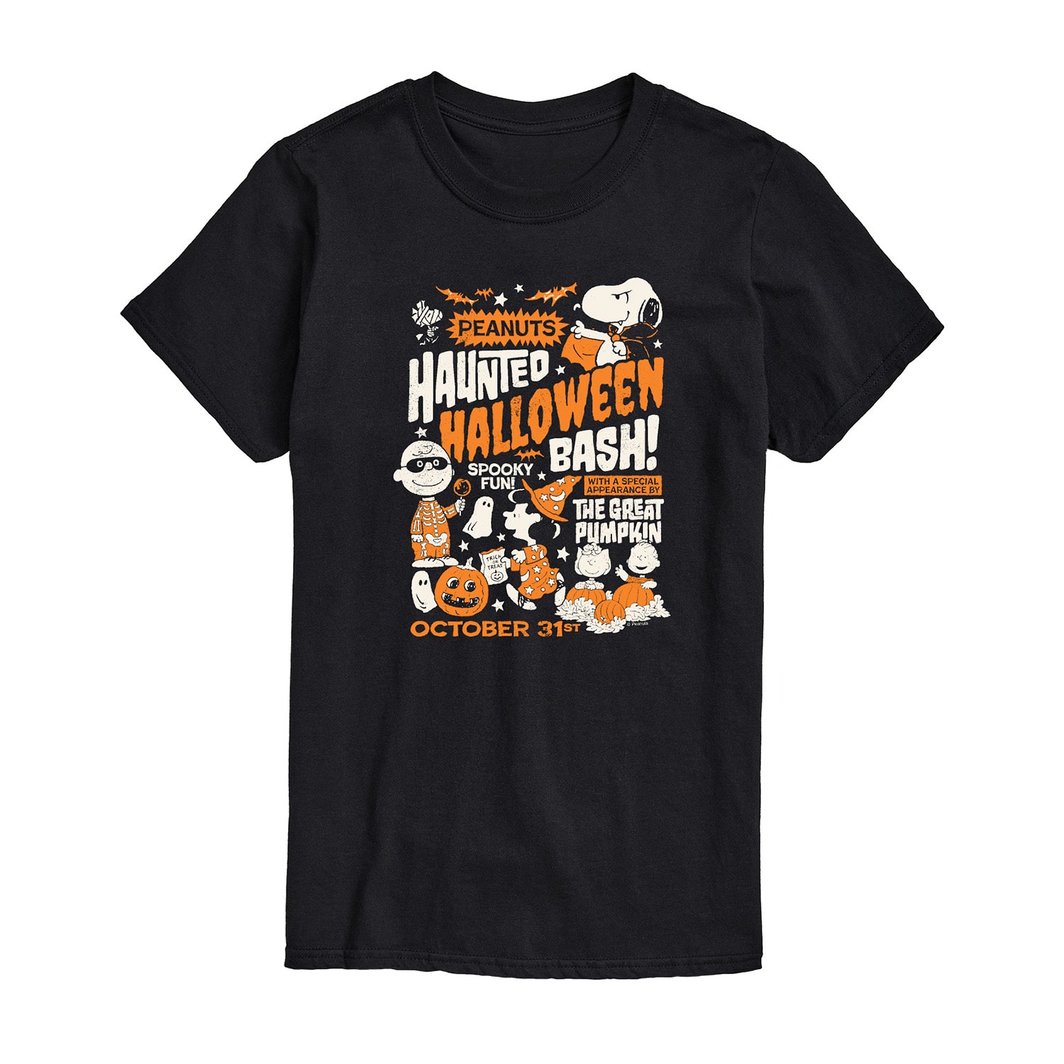 Haunted Halloween Bash Mens Crew Neck Short Sleeve Regular Fit Peanuts Graphic T-Shirt