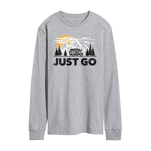 Just Go Camper Distressed Mens Crew Neck Long Sleeve Regular Fit Graphic T-Shirt, Medium, Gray