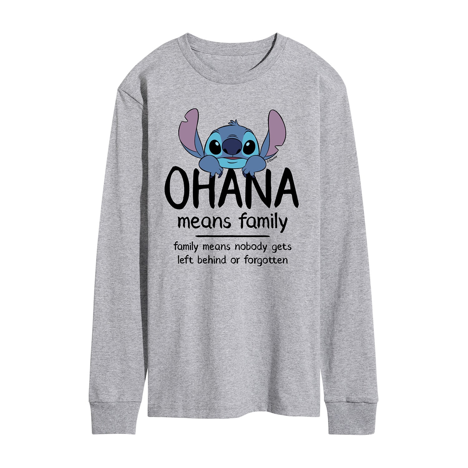 Ohana Means Family Mens Crew Neck Long Sleeve Regular Fit Lilo & Stitch Graphic T-Shirt
