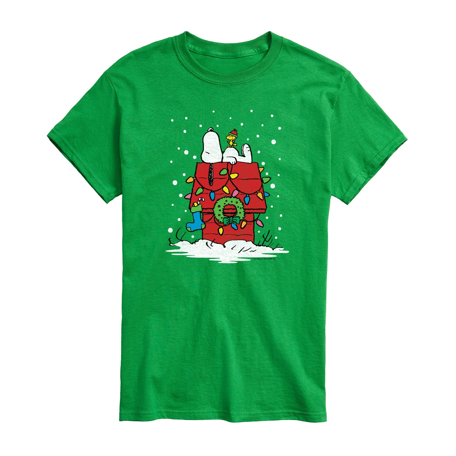 Lit Up Christmas Dog House Distressed Mens Crew Neck Short Sleeve Regular Fit Peanuts Snoopy Graphic T-Shirt