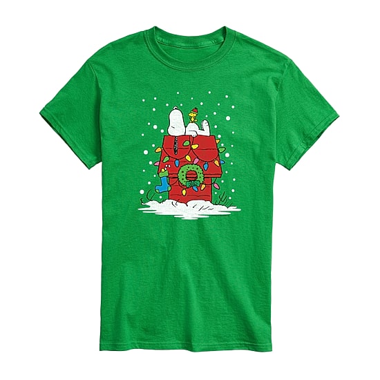 Lit Up Christmas Dog House Distressed Mens Crew Neck Short Sleeve Regular Fit Peanuts Snoopy Graphic T-Shirt