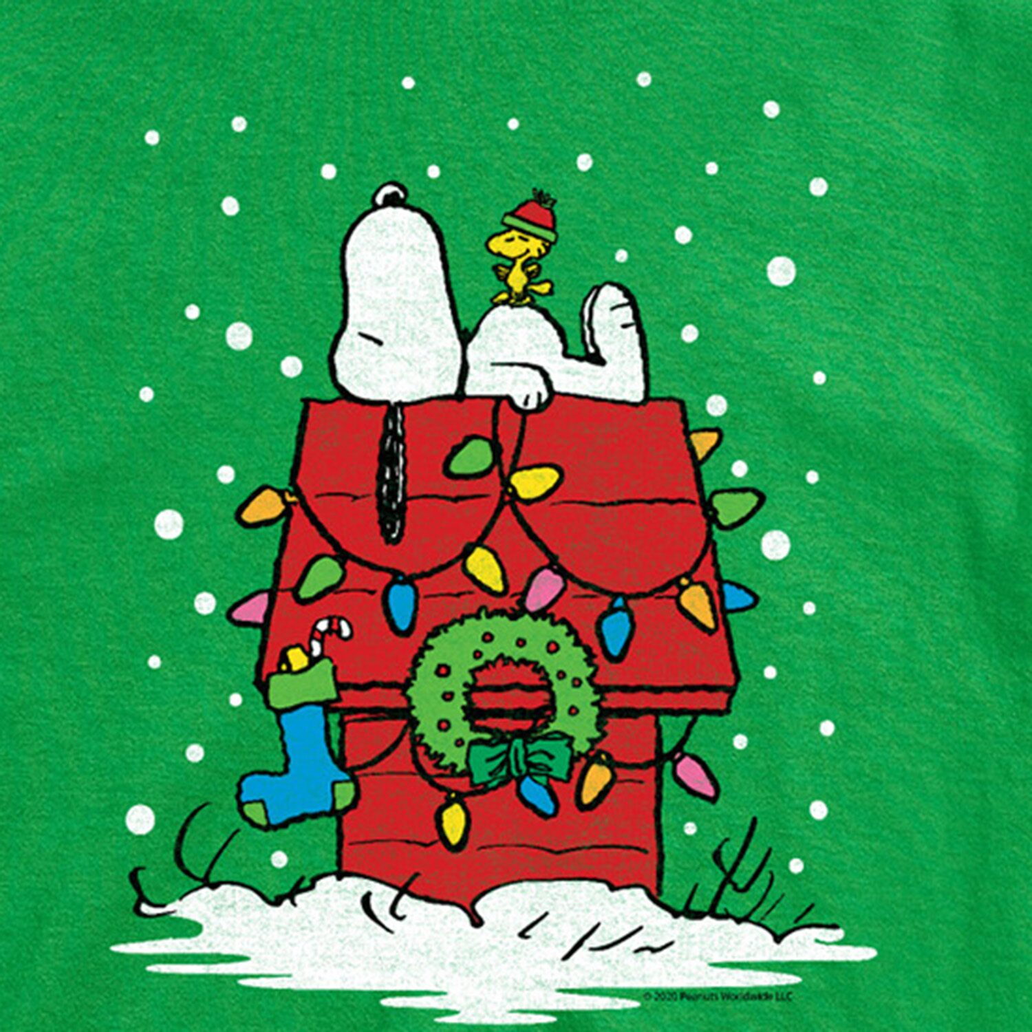 Lit Up Christmas Dog House Distressed Mens Crew Neck Short Sleeve Regular Fit Peanuts Snoopy Big and Tall Graphic T-Shirt