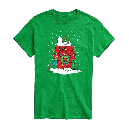 Lit Up Christmas Dog House Distressed Mens Crew Neck Short Sleeve Regular Fit Peanuts Snoopy Big and Tall Graphic T-Shirt