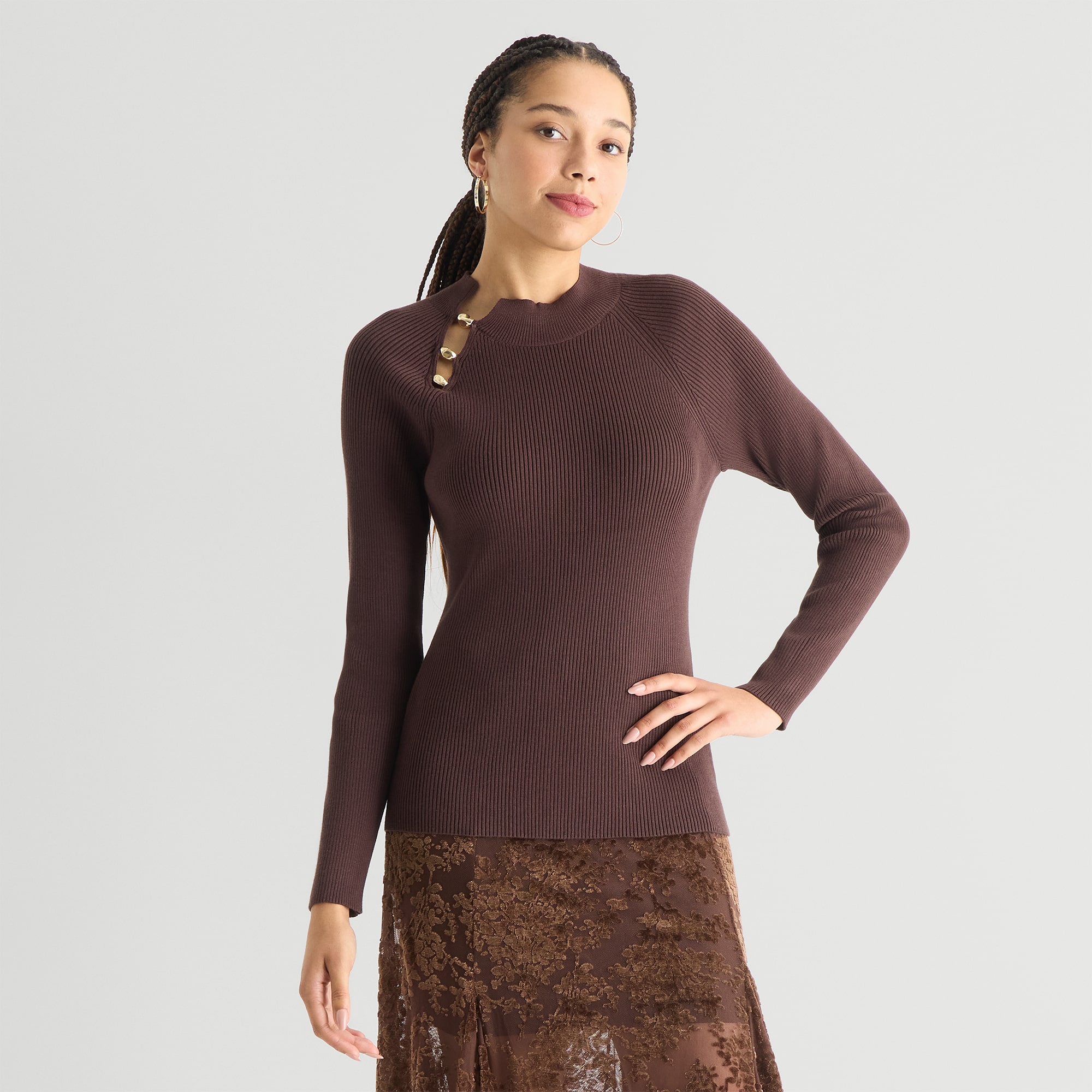 by&by Juniors Womens Mock Neck Long Sleeve Pullover Sweater