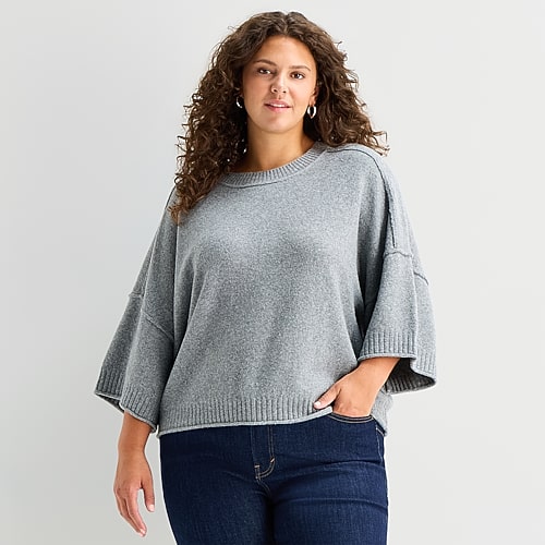 Ana Plus Womens Crew Neck Short Sleeve Pullover Sweater In Gray
