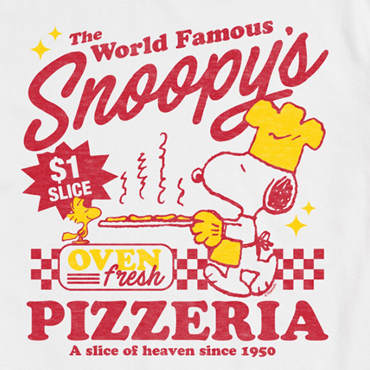 World Famous Pizzeria Distressed Mens Crew Neck Short Sleeve Regular Fit Peanuts Snoopy Graphic T-Shirt