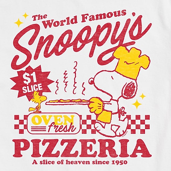 World Famous Pizzeria Distressed Mens Crew Neck Short Sleeve Regular Fit Peanuts Snoopy Graphic T-Shirt