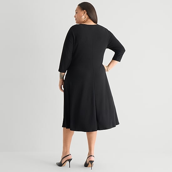 Perceptions Womens Plus Midi Round Neck 3/4 Sleeve Fit + Flare Dress