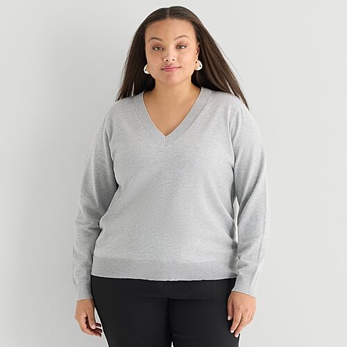 Worthington Plus Womens V Neck Long Sleeve Pullover Sweater In Gray
