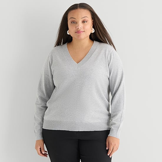 Worthington Plus Womens V Neck Long Sleeve Pullover Sweater