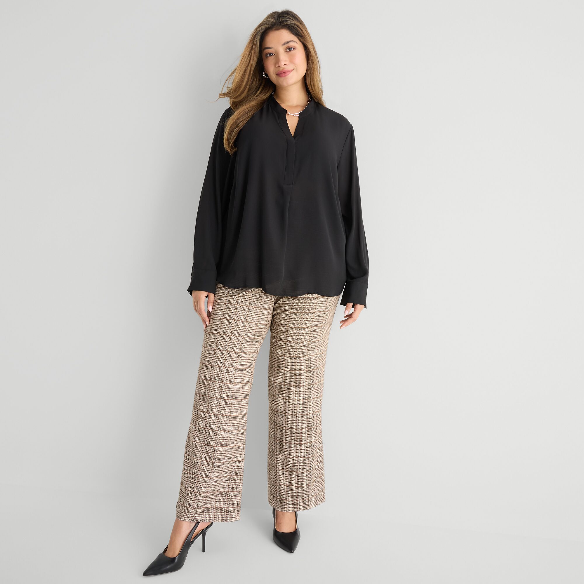 Worthington Womens Plus Henley Neck Long Sleeve Blouse