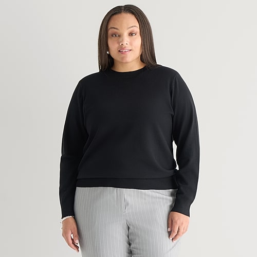 Worthington Plus Womens Crew Neck Long Sleeve Pullover Sweater In Black