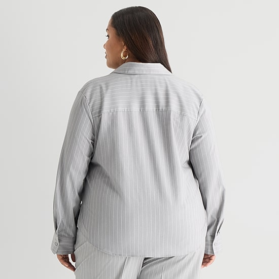 Worthington Womens Plus Cuffed Long Sleeve Oversized Button-Down Shirt