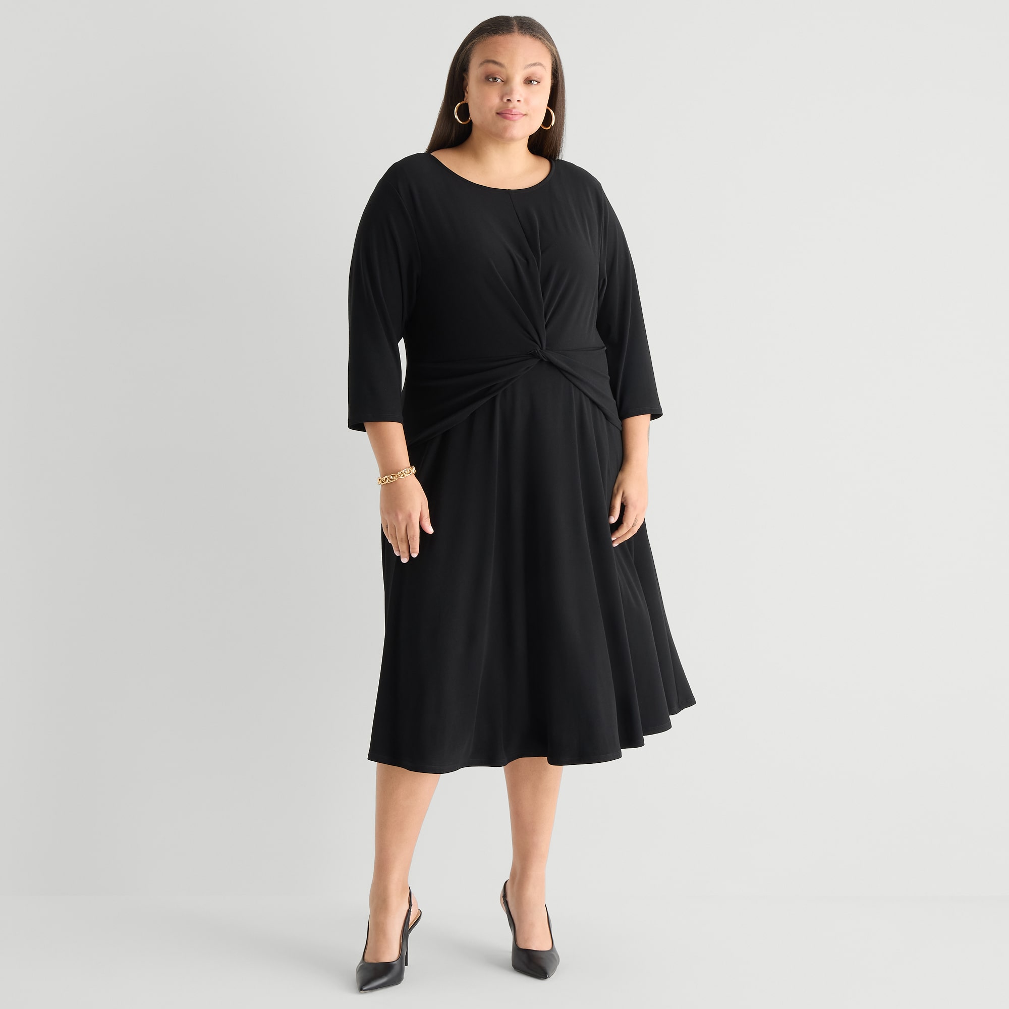 Perceptions Womens Plus Midi Round Neck 3/4 Sleeve Fit + Flare Dress