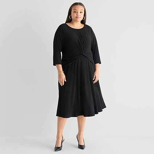 Perceptions Womens Plus Midi Round Neck 3/4 Sleeve Fit + Flare Dress In Black