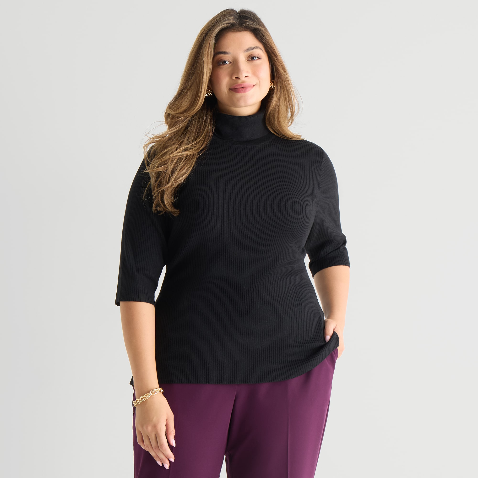 Worthington Plus Womens Turtleneck Elbow Sleeve Pullover Sweater