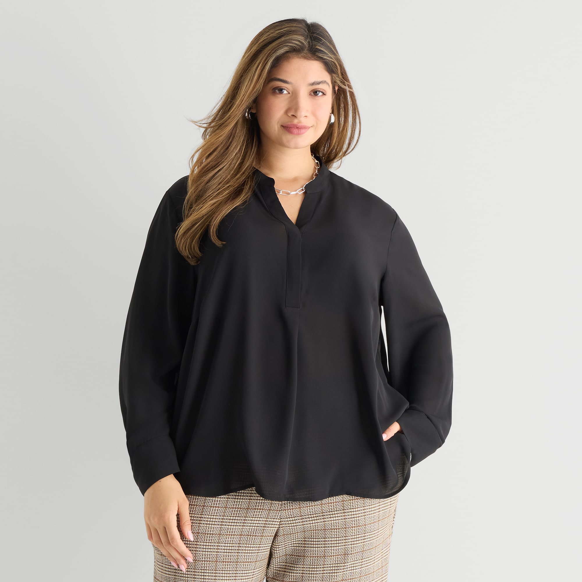 Worthington Womens Plus Henley Neck Long Sleeve Blouse