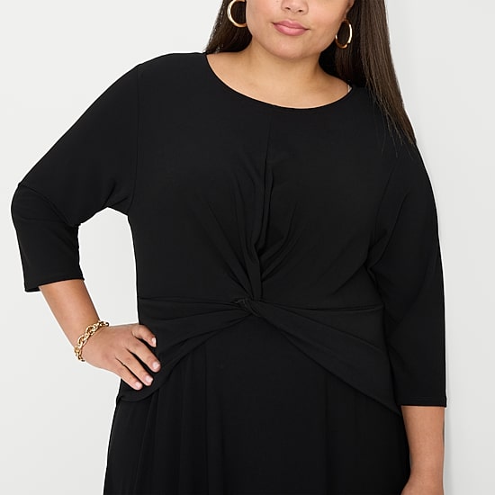 Perceptions Womens Plus Midi Round Neck 3/4 Sleeve Fit + Flare Dress