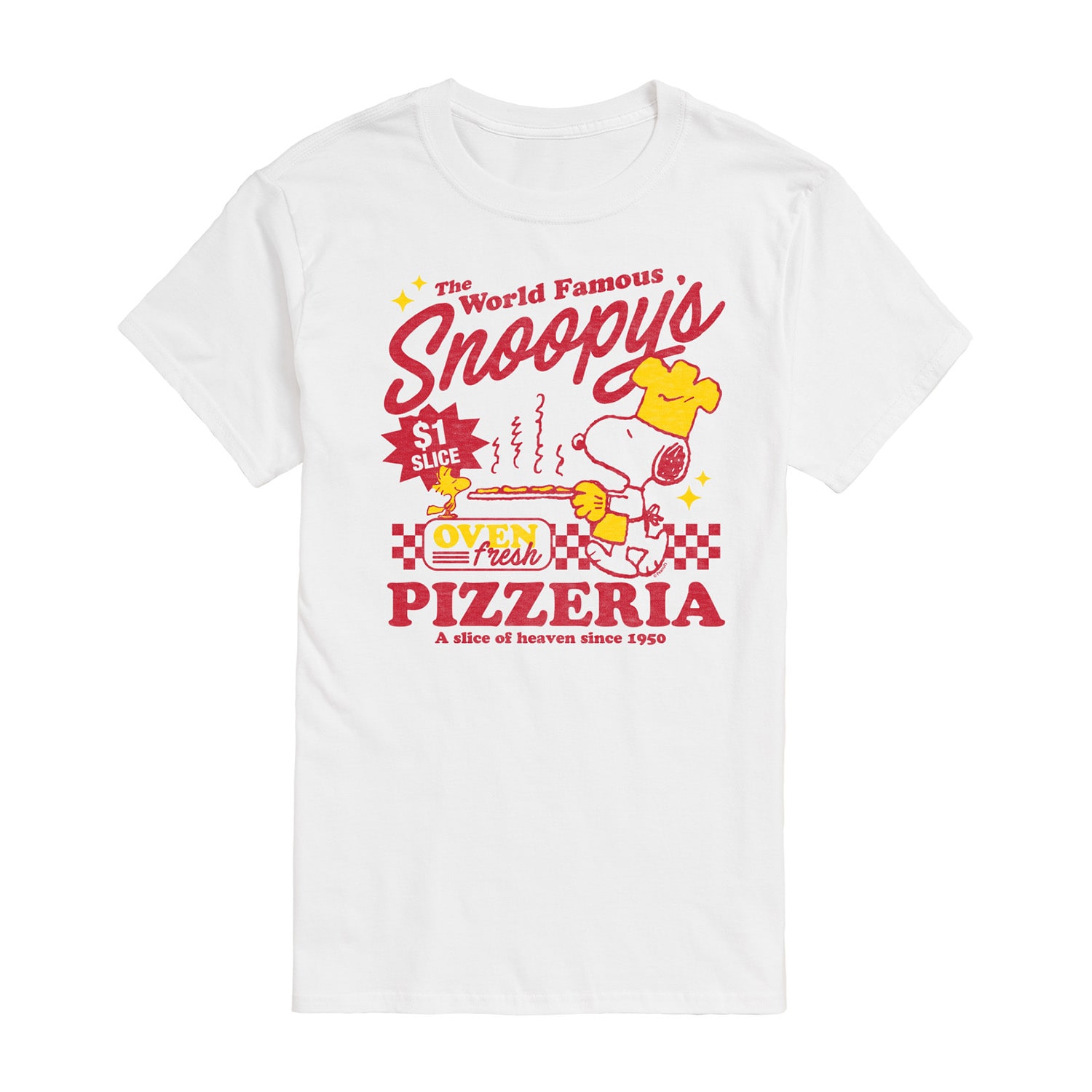 World Famous Pizzeria Distressed Mens Crew Neck Short Sleeve Regular Fit Peanuts Snoopy Graphic T-Shirt
