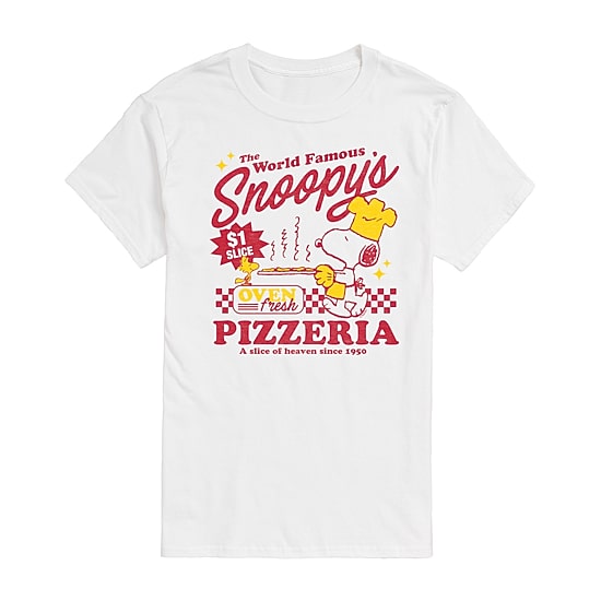 World Famous Pizzeria Distressed Mens Crew Neck Short Sleeve Regular Fit Peanuts Snoopy Graphic T-Shirt